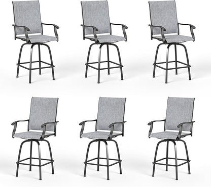 PHI VILLA Outdoor Swivel Patio Bar Stools Set of 6, 30 Inch Bar Height Tall Patio Chairs with Back & Armrest, Durable Textilene Fabric in Grey for Deck Lawn Garden