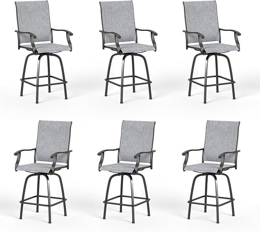 PHI VILLA Outdoor Swivel Patio Bar Stools Set of 6, 30 Inch Bar Height Tall Patio Chairs with Back & Armrest, Durable Textilene Fabric in Grey for Deck Lawn Garden