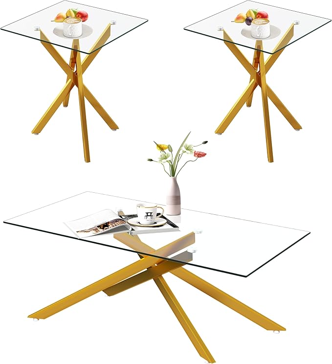 Gold Glass Coffee Table Set of 3 Modern End Table Living Room Side Table, Geometric Metal Legs 39.4 Inch Clear Rectangle Center Cocktail Tables, Gold