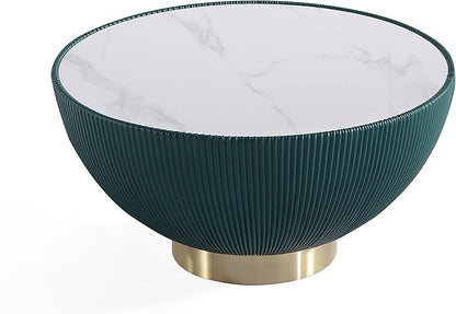 Manhattan Comfort Modern Anderson Coffee Table, 1.0 & 2.0 End Table, Upholstered in Green Leatherette with Ceramic Faux Tabletop and Gold Metal Tabletop- Set of 3
