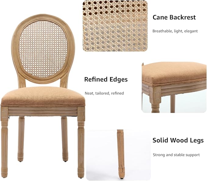 French Country Dining Chairs Set of 8, Amber Cane Back Rattan Dining Chairs with Linen Upholstered Seat, Solid Wood Legs, Farmhouse Kitchen & Dining Room Chairs, Sillas De Comedor (Amber, 8Pcs)