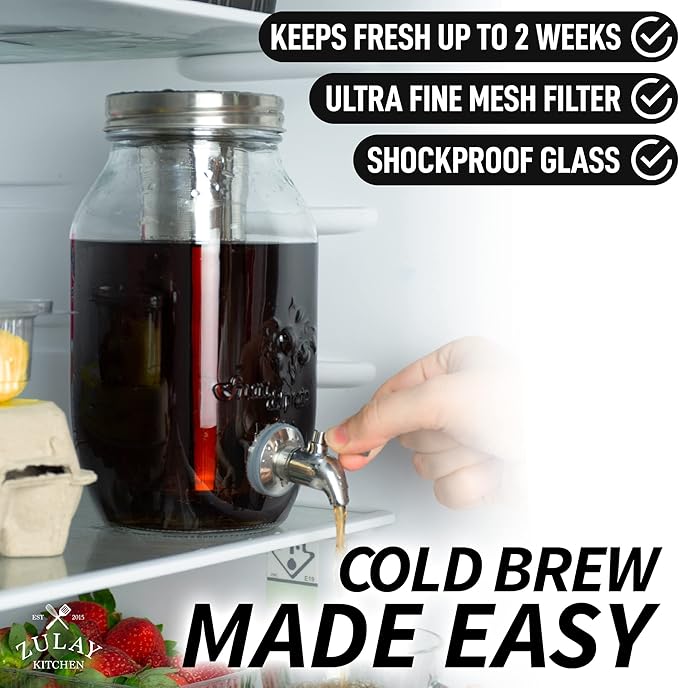 Zulay Kitchen 1.5 Liter Cold Brew Coffee Maker with EXTRA-THICK Glass Carafe & Stainless Steel Mesh Filter - Premium Iced Coffee Maker, Cold Brew Pitcher & Tea Infuser