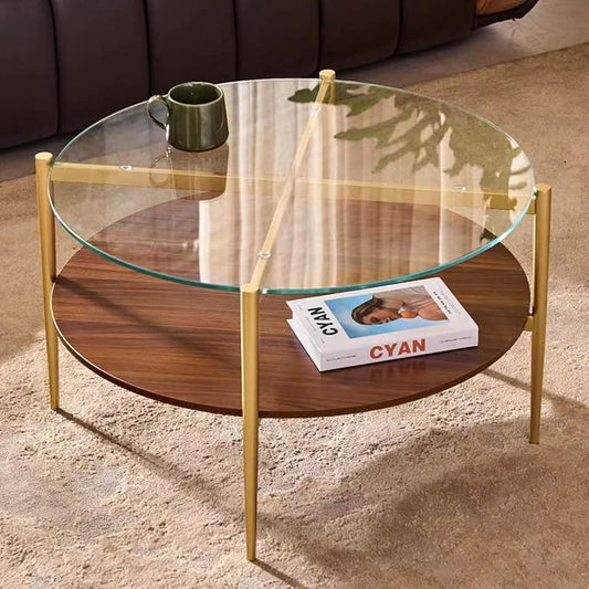 Shrine Round Glass Coffee Table, Mid-Century Modern Design, D30 x H17 in, 2-Tier Structure, Clear Glass Top and Walnut MDF Shelf, Sleek Conical Metal Legs with Gold Finish