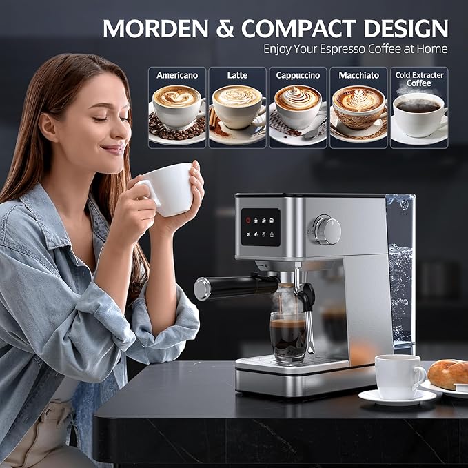 Espresso Machine with Milk Frother, 20 Bar Compact Coffee Machine with Touch Screen & 57.5oz Removable Water Tank for Home, Stainless Steel Espresso Maker for Cappuccino, Latte(2025 updated model)