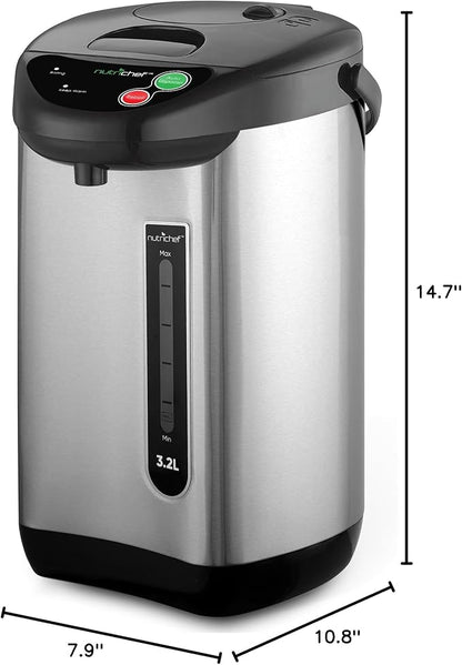 NutriChef Hot Water Urn Pot Insulated Stainless Steel,Auto & Manual Dispense,Auto Boiler,Safety Lock Shutoff 3.38 QT /3.2L - Auto Boiler Shut Off - PKWK43