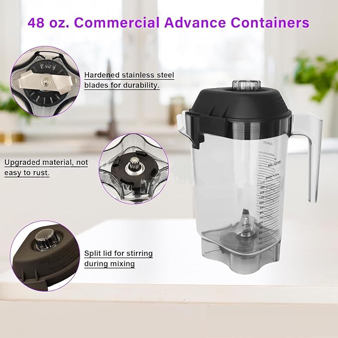 For Vitamix Blender Pitcher 48oz Fit for Quiet One VM0100A 15978 16016 36019 VM0145 Commercial BarBoss Advance Drink Machine Touch & Go Blender Container Cup Jar Jug Parts(with a cleaning bursh)