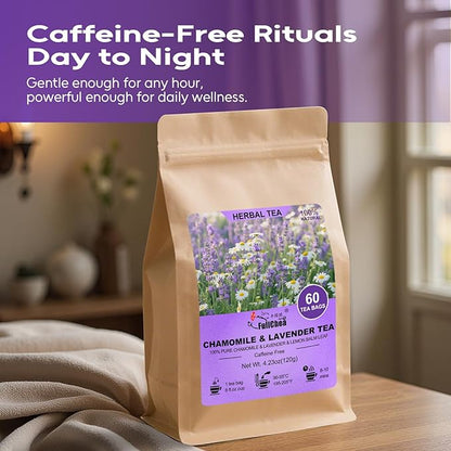 FullChea - Chamomile Lavender Tea Bags for Relaxation & Better Sleep - 60 Count - Caffeine-Free Blend Herbal Tea - Premium Chamomile & Lavender Flowers