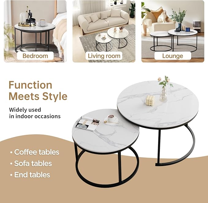 ZL ZELing White Nesting Coffee Table Set of 2, 27'' Round Coffee Table Sintered Stone Top & Metal Frame, End Tables Center Table for Living Room, Small Space