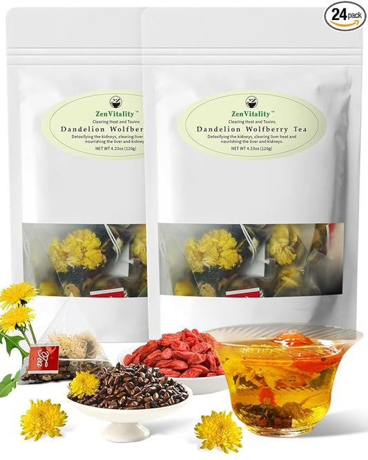 ZenVitality Dandelion Wolfberry Tea Bags Natural Kidneys & Liver Health tea Goji Berry Chrysanthemum Cassia Seed Tea Organic Dandelion Root Dandelion Chinese Wolfberry Tea Bags Organic 240g/24Pcs