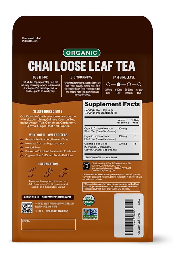 FGO Organic Chai Tea, 4 Ounce Loose Leaf, Resealable Bag, Packaging May Vary (Pack of 1)