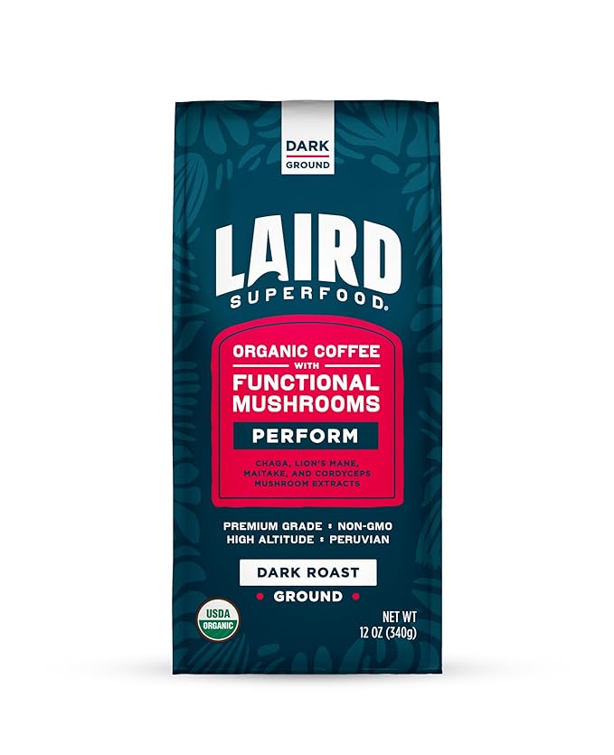 Laird Superfood Peruvian Dark Roast Coffee with Functional Mushrooms, Certified Organic Peruvian Ground Coffee Beans, Gluten-Free, Dairy-Free, Non-GMO, Paleo, Keto Friendly, 12 oz. Bag
