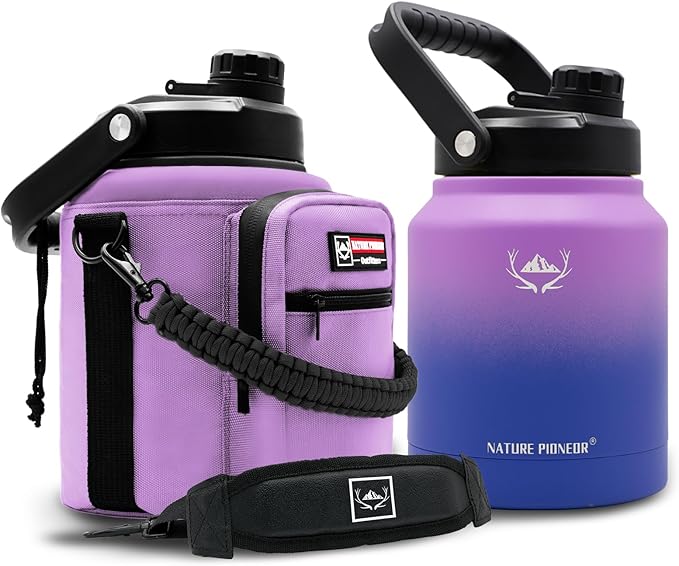 NATURE PIONEOR Insulated Water Bottles with Strap Pouch - 84 oz Stainless Steel Vacuum Bottle with Holder/Carrier/Sleeve - 18/8 Food Grade 84oz Water Jug