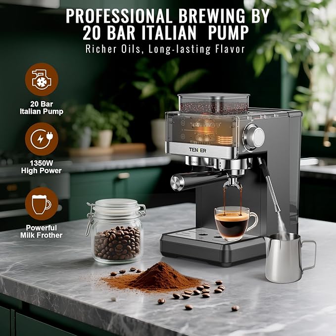 TENKER Espresso Machine with Grinder, 20 Bar Coffee Machine with Milk Frother for Home, All-in-One Stainless Steel Coffee Maker to Make Latte, Cappuccino, Hot or Cold Brew Iced Coffee, Americano