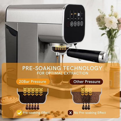 Espresso Machine with Steam Milk Frother Compact Cappuccino Machine with Programmable to Customized Americano Touch Screen Coffee Maker for Latte, Hot Water Stainless Steel