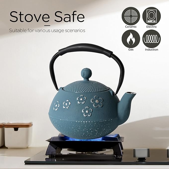Cast iron Teapot, Tea Kettle for Stovetop Safe with Stainless Steel Infuser, Japanese Hand-made Plum Blossom Design Tea Pot Coated with Enameled Interior for 28oz, 800ml Blue