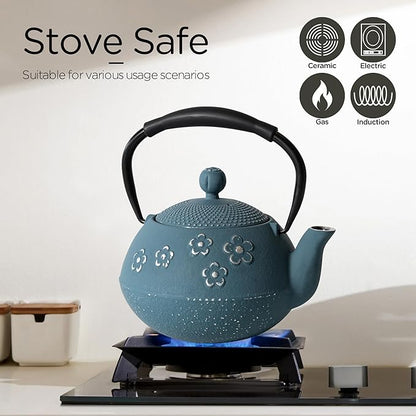 Cast iron Teapot, Tea Kettle for Stovetop Safe with Stainless Steel Infuser, Japanese Hand-made Plum Blossom Design Tea Pot Coated with Enameled Interior for 28oz, 800ml Blue
