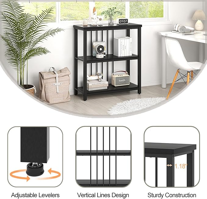 FOLUBAN Bookshelf, Modern 3 Tier Bookcase, Wood and Metal Book Shelves for Living Room Office Bedroom, Rustic Black Oak