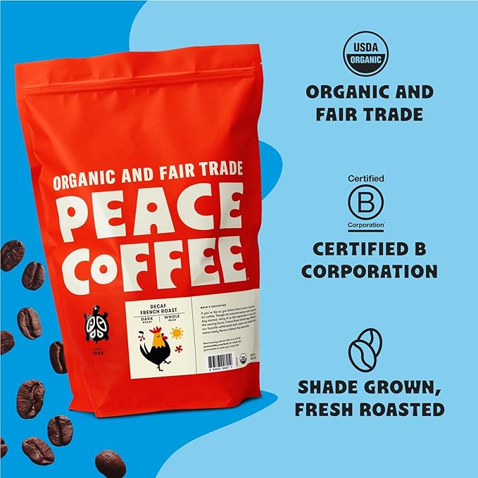 Peace Coffee Decaf French Roast | 5 lb Whole Bean Dark Roast | Organic Fair Trade | Rich, Bold Flavor | Shade Grown, Fresh Roasted