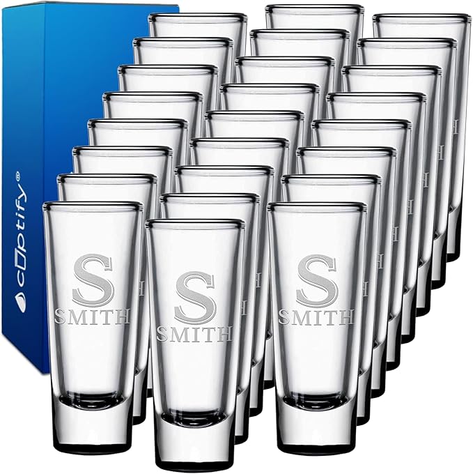 Personalized Shot Glasses Set of 25 Black Bottom Custom 2 oz Cordial Shot Glass Initial and Name for Gifts, Weddings, Birthdays, Party, Event, Decorations