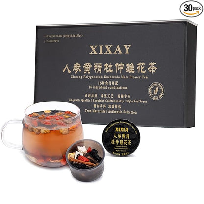 Ginseng Polygonatum Eucommia Male Flower Tea, 16 Ingredients Organic Natural Formula Kidney Tea, 500g/Box Ginseng Six Treasure Aid Root Kidney Men's Herbal Tea (30 cans/1Box)