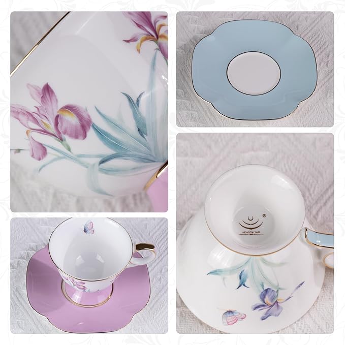 KAMMAK Ceramic Coffee Cups Saucers Set of 2, Porcelain Espresso Cups with Saucers, 8.45 oz Handcrafted Elegant Bone China Tea Cups, Iris Flower & Butterfly Pattern Teacup for Party, Office, Gift