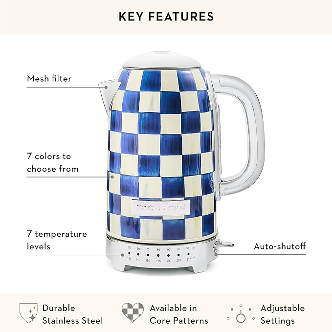 MACKENZIE-CHILDS Electric Kettle, Stainless-Steel Tea Kettle, Blue-and-White Royal Check