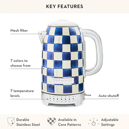 MACKENZIE-CHILDS Electric Kettle, Stainless-Steel Tea Kettle, Blue-and-White Royal Check