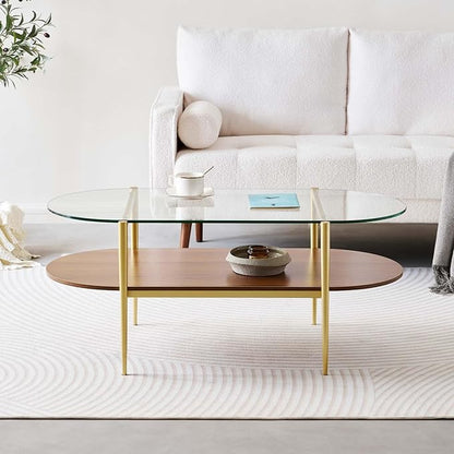 Oval Glass Coffee Table, Mid-Century Modern Design, L41 x W21 x H17 inch, for Living Room, 2-Tier Structure, Clear Glass Top and Walnut Finish Wood Shelf, Conical Legs with Gold Finish Frame