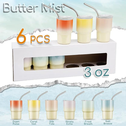 6 Pack 3 oz Sublimation Mini Tumbler Shot Glass with Straw and Lid, Gradient Color Insulated Stainless Steel Mini Tumblers Cups for Beach Birthday Wedding Parties, DIY Customizable Party Gift