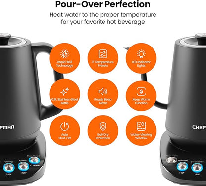 Chefman TrueTemp Precision Control Gooseneck Kettle, Internal Custom Temperature Control and 6 One-Touch Presets, Boil-Dry Protection Auto Shut-Off for Safety, For Pour Over Coffee and Tea, Black