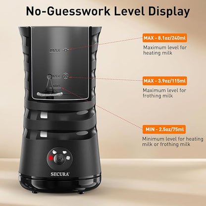 Secura Electric Milk Frother, Automatic Milk Steamer, 4-IN-1 Hot & Cold Foam Maker-8.4oz/240ml Milk Warmer for Latte, Cappuccinos, Macchiato with Silicone Spatula, Quiet Operation & Shut-off (Black)