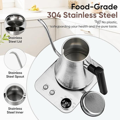 COZII Gooseneck Electric Kettle with ±1°F Temperature Control, 1200W Quick Heating for Pour Over Coffee & Tea, 0.9L Water Boiler with 24H Keep Warm & Auto Shut Off, Stainless Steel Interior, Silver