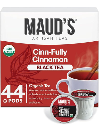 Maud's Organic Cinnamon Black Tea Pods, 44 ct, Recyclable Single Serve Tea Pods – 100% Gourmet Blended Tea Leaves, Compatible with Keurig K Cups Maker