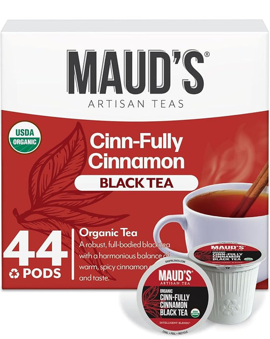 Maud's Organic Cinnamon Black Tea Pods, 44 ct, Recyclable Single Serve Tea Pods – 100% Gourmet Blended Tea Leaves, Compatible with Keurig K Cups Maker