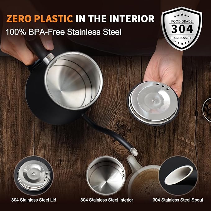 Electric Gooseneck Kettle, 304 Stainless Steel Coffee Kettle, Auto Shutoff Anti-dry Protection, Classic Pour-over Coffee & Tea,Matte Black 1.0L-1200W Fast Boiling Water Boiler by YUIOASE