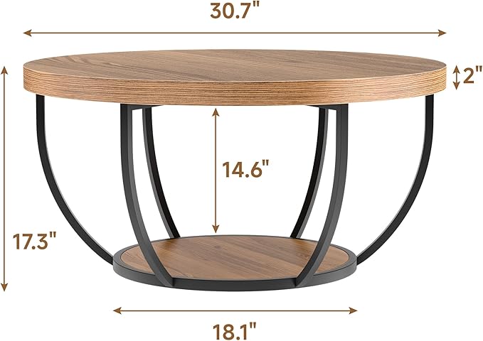 Round Coffee Table, 31" Coffee Table for Living Room Decor, 2-Tier Storage with Steel Frame, Space-Saving Wood Center Table, Modern Style Easy Assembly (Brown)