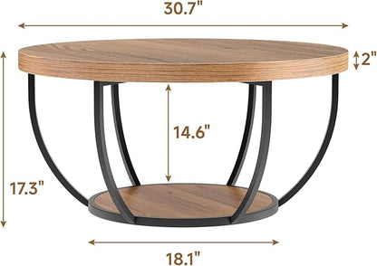Round Coffee Table, 31" Coffee Table for Living Room Decor, 2-Tier Storage with Steel Frame, Space-Saving Wood Center Table, Modern Style Easy Assembly (Brown)