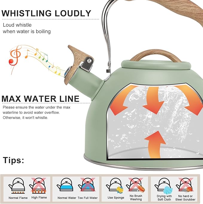 Tea Kettle, Vegoran 100 OZ / 3 Liter Whistling Tea Kettle, Tea Pots for Stove Top Food Grade Stainless Steel with Wood Pattern Folding Handle, Loud Whistle Kettle for Tea, Coffee, Milk (Green)