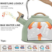 Tea Kettle, Vegoran 100 OZ / 3 Liter Whistling Tea Kettle, Tea Pots for Stove Top Food Grade Stainless Steel with Wood Pattern Folding Handle, Loud Whistle Kettle for Tea, Coffee, Milk (Green)