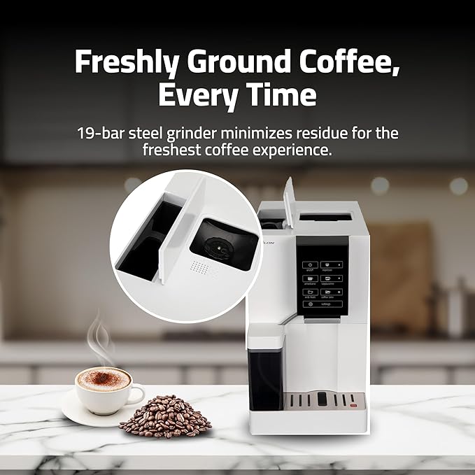 Epsilon Fully Automatic Coffee Machine, Modern One Touch Espresso Machine, Integrated Milk Frother and Custom Brewing Cafe Maker, Compact Countertop Size, Self Cleaning Cafetera (White)