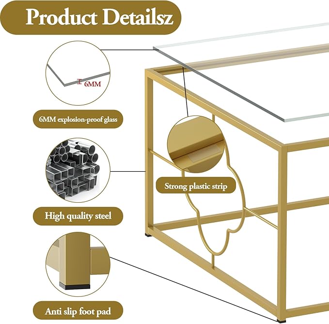 Coffee Table Modern Center Table,Glass Minimalist Square Coffee Table Tea Table for Living Room,Tempered Glass-top with Sturdy Metal Frame, Easy Assembly,26.4 x 26.4 x 15.7 Inches, Gold
