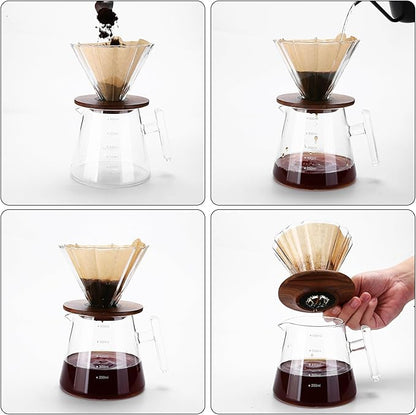 Pour Over Coffee Maker, 20 oz Borosilicate Glass Set with 100 pcs Paper Filter, Walnut Collar & Glass Lid, Drip Coffee Maker, 1-3 Cups, Clear, 600 ml(glass handle)