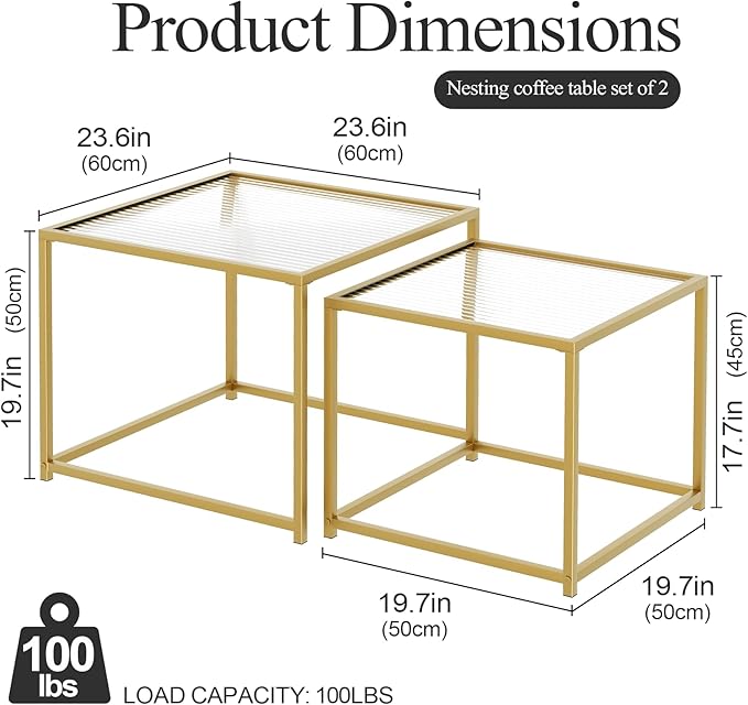 VILAWLENCE Coffee Table Set of 2, Modern Gold Glass Side Table, Metal Frame Square End Table, Center Tables, Nesting Coffee Table for Living Room, Bedroom and Small Spaces, 23.6in