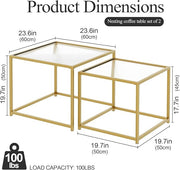 VILAWLENCE Coffee Table Set of 2, Modern Gold Glass Side Table, Metal Frame Square End Table, Center Tables, Nesting Coffee Table for Living Room, Bedroom and Small Spaces, 23.6in