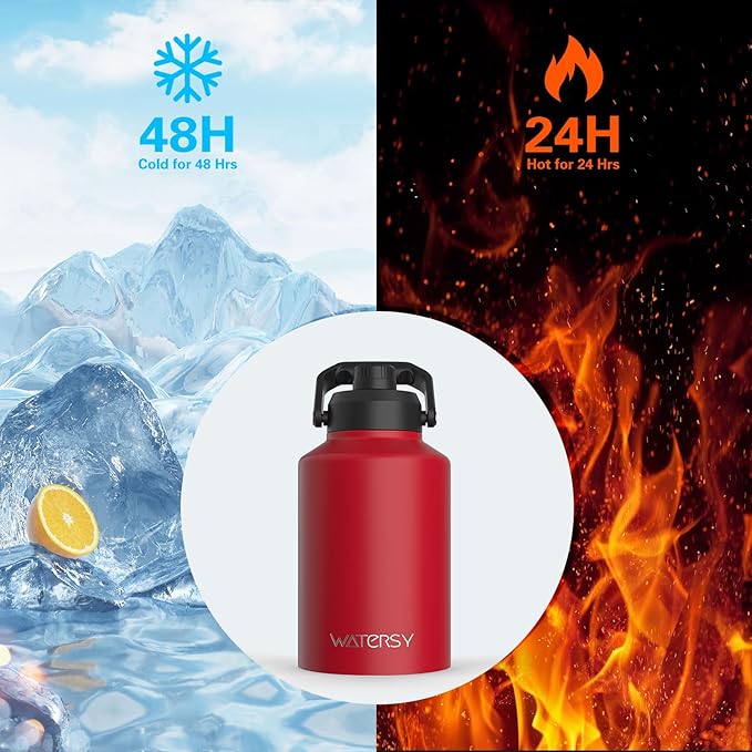 Half Gallon Water Bottle Insulated(Cold for 48 Hrs),BPA Free&Leak Proof,64oz Stainless Steel Water Jug/Flask,Big thermo,Large Water Bottle with Handle for Gym,Hiking,Camping,Red