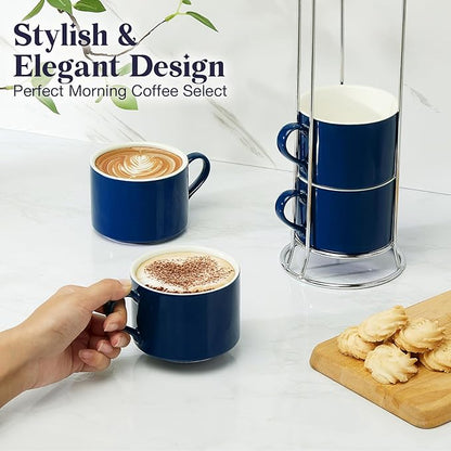 10 Ounce Blue Porcelain Stackable Cappuccino Cups with Stainless Steel Holder, Set of 4, Durable Ceramic, Perfect for Home, Office or Gift