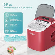 EUHOMY Countertop Ice Maker Machine with Handle, 26lbs Per Day, 9 Ice Cubes Ready in 6 Mins, Auto-Cleaning Portable Ice Maker with Basket and Scoop, for Home/Kitchen/Camping/RV (Red)