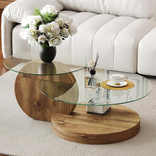 42 Inch Glass Coffee Table，Round Coffee Table with 2-Tier Tempered Glass Tabletop，Easy to Clean Circle Coffee Table with Sturdy Base for Living Room，Office （Brown Colored Base）