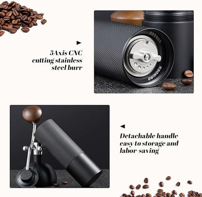 Generic Manual coffee grinder Capacity 25 grams, stainless steel tapered burrs - wooden handle - adjustable internal settings, dual bearing positioning, MCG2401, Black