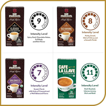 Don Francisco's and Cafe La Llave Espresso Capsule Variety Pack - 50 Recyclable Aluminum Pods Compatible with Nespresso Originalline - Premium Coffee with 4 Flavors and Intensities